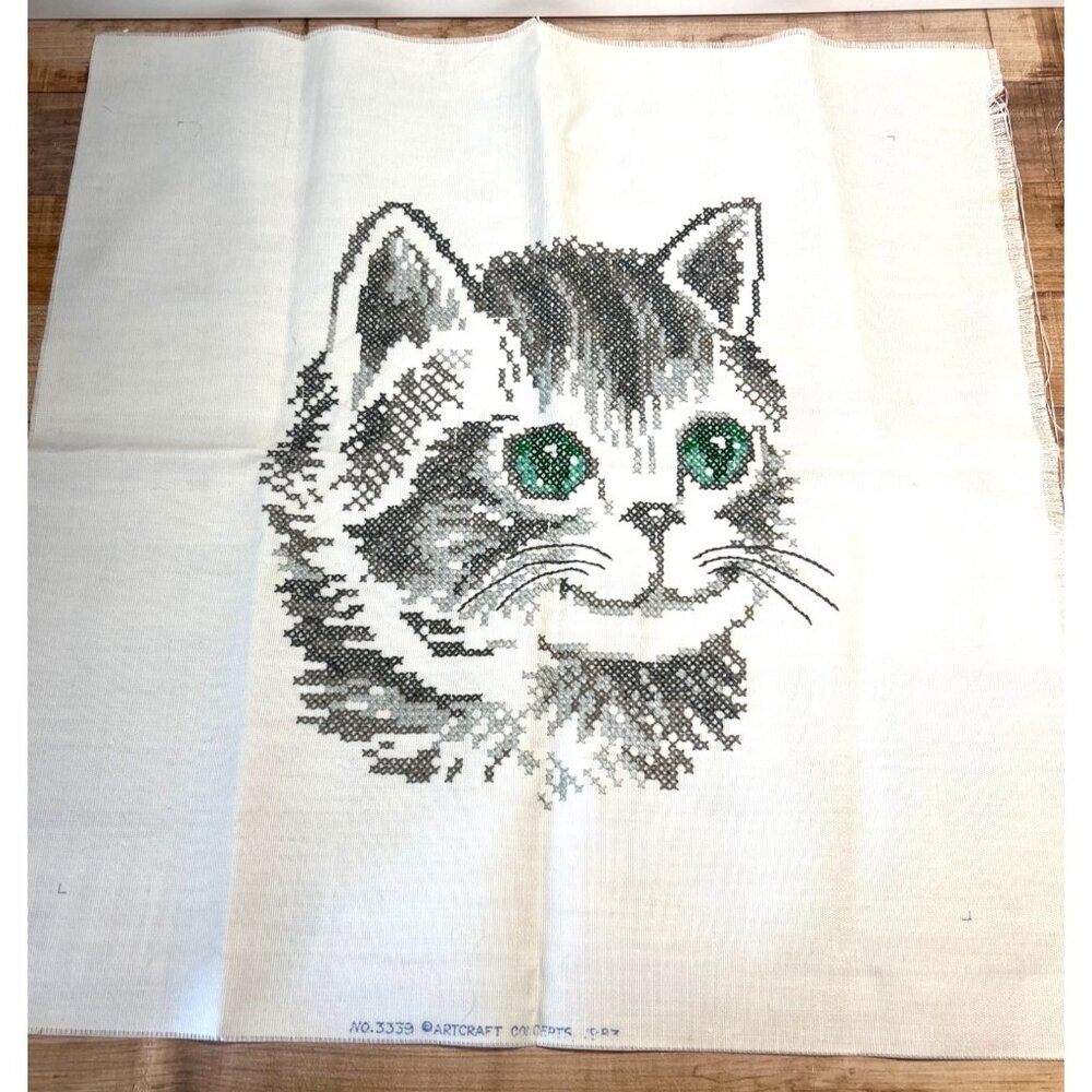 Gift Home Decor Handmade Finished Cross stitch lovely Cat Unframed